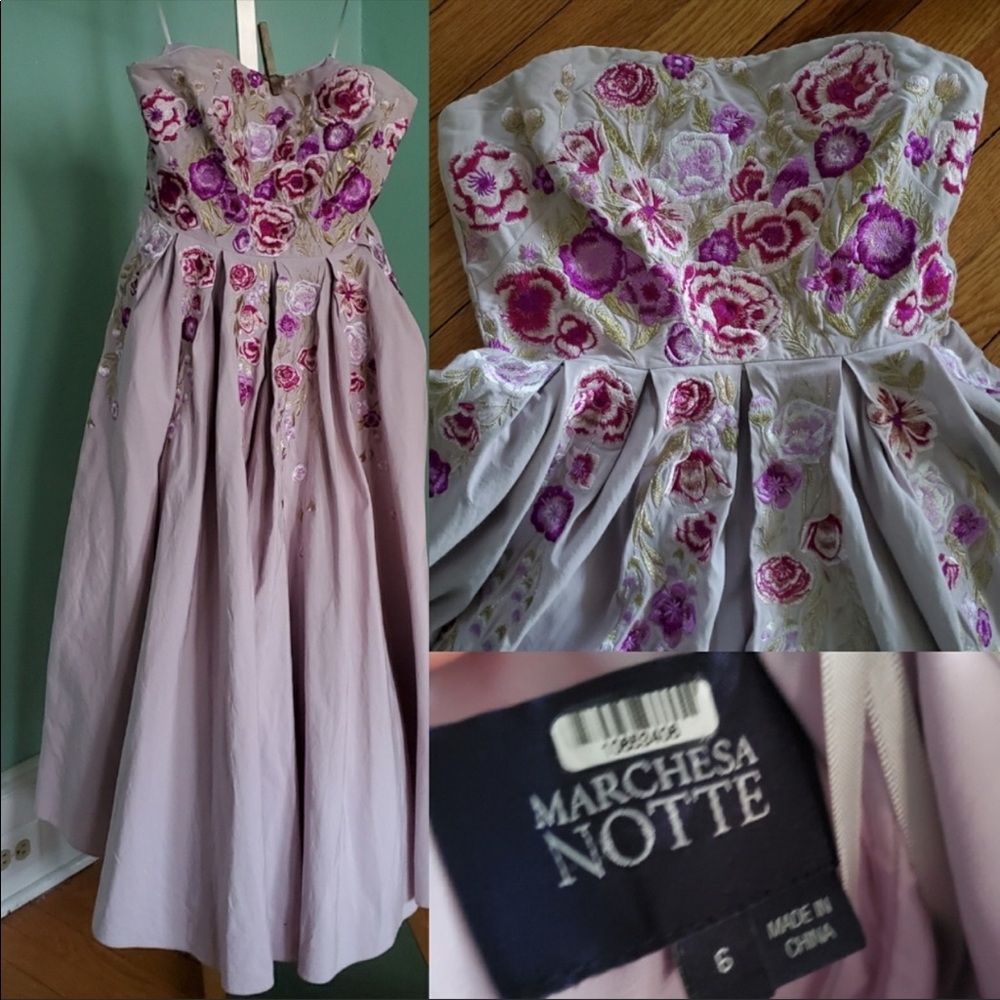 Marchesa Notte Midi Floral Embroidered Lilac Dress